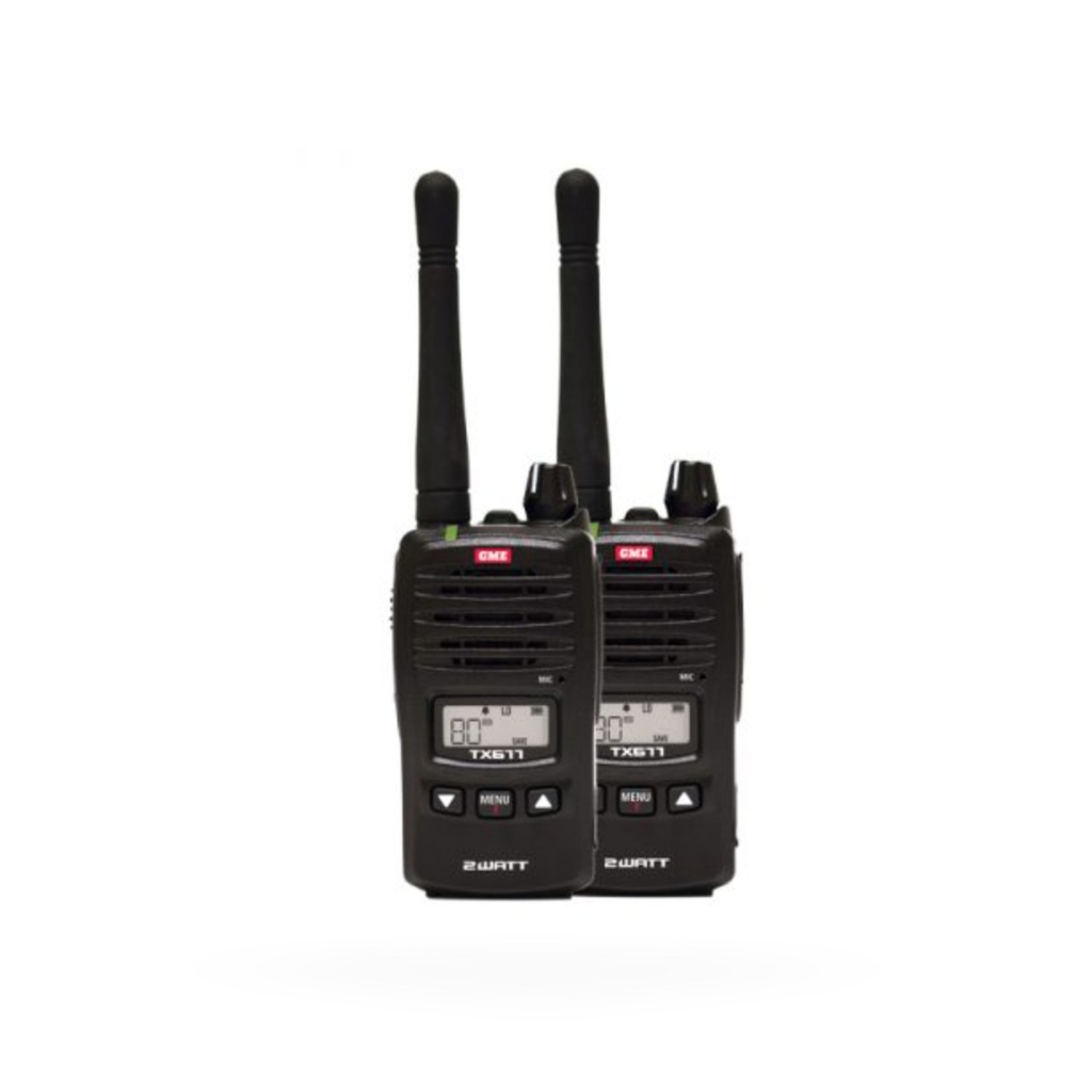GME Quad Pack 2 Watt UHF CB Handheld Radios inc cig charger, 240V charger, belt clips 