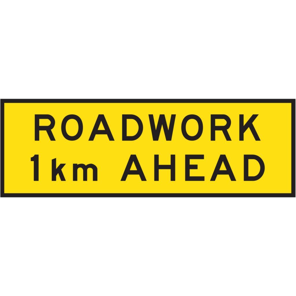 Boxed Edge Sign Metal Class 1W Reflective 1800 x 600mm - Roadwork 1km Ahead