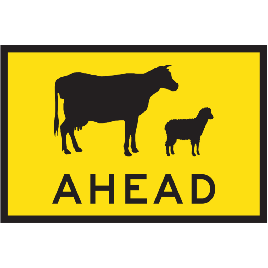 Boxed Edge Sign Metal Class 1W Reflective 900 x 600mm - Cattle and Sheep Symbol Ahead